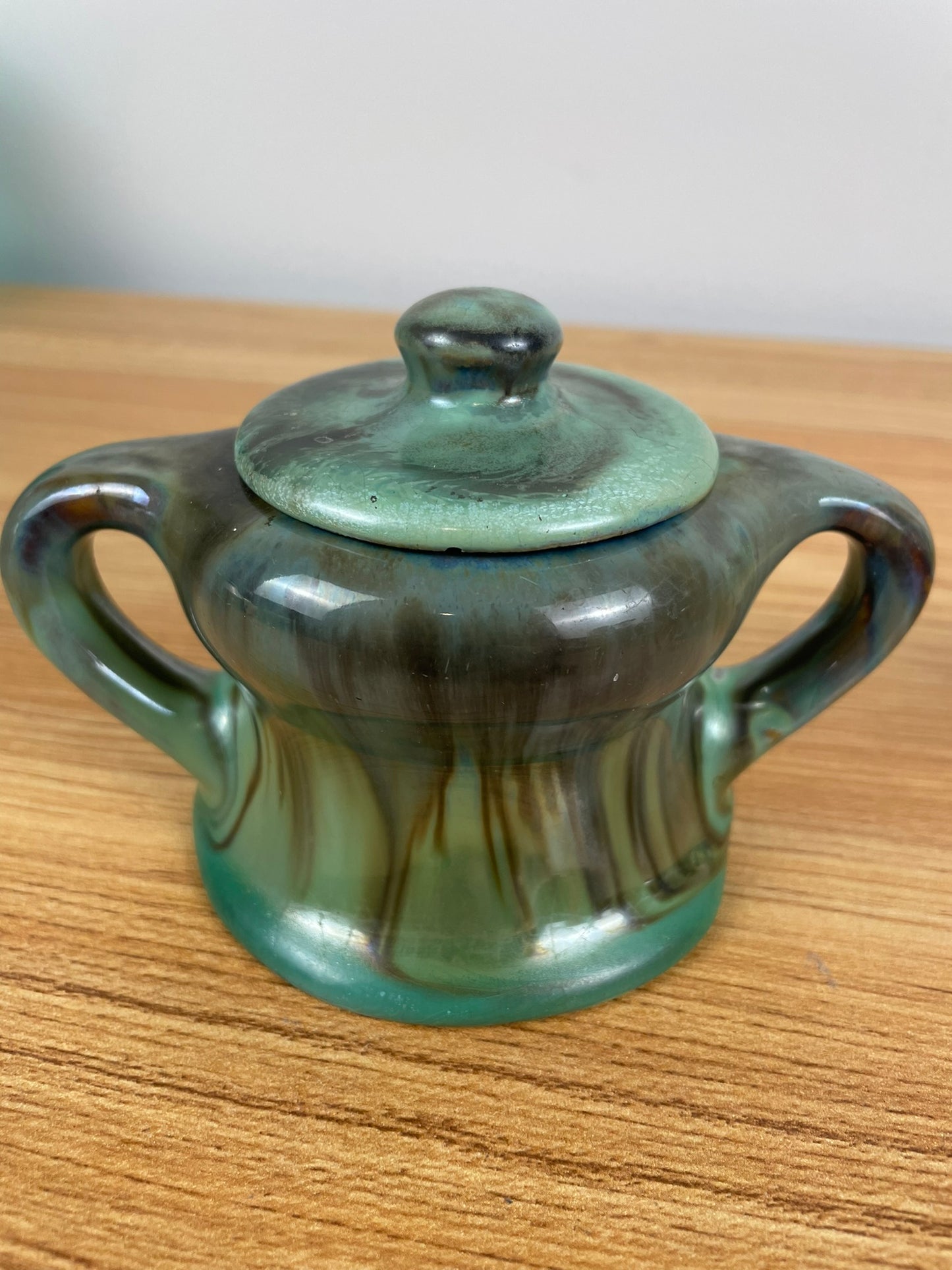 FULPER ART POTTERY SET CREAMER & SUGAR BOWL WITH LID GREEN BROWN GLAZE #2