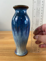 Bill Campbell Art Pottery Bud Vase 7 1/2 in T Blue & Purple Drip Glaze Signed
