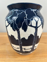 Ken Tracy Studio 2020 Art Deco Pottery Hand Made Scenic Blue White Ceramic Vase