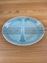 CARILLON POTTERY CERAMIC BASKET 1940'S HANDLE LT BLUE DRIP DISH EMBOSSED FRUIT