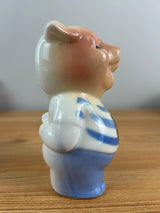ROYAL COPLEY 1950's ART POTTERY 5" PINK PIGGY BANK Blue Shirt & FOIL STICKERS