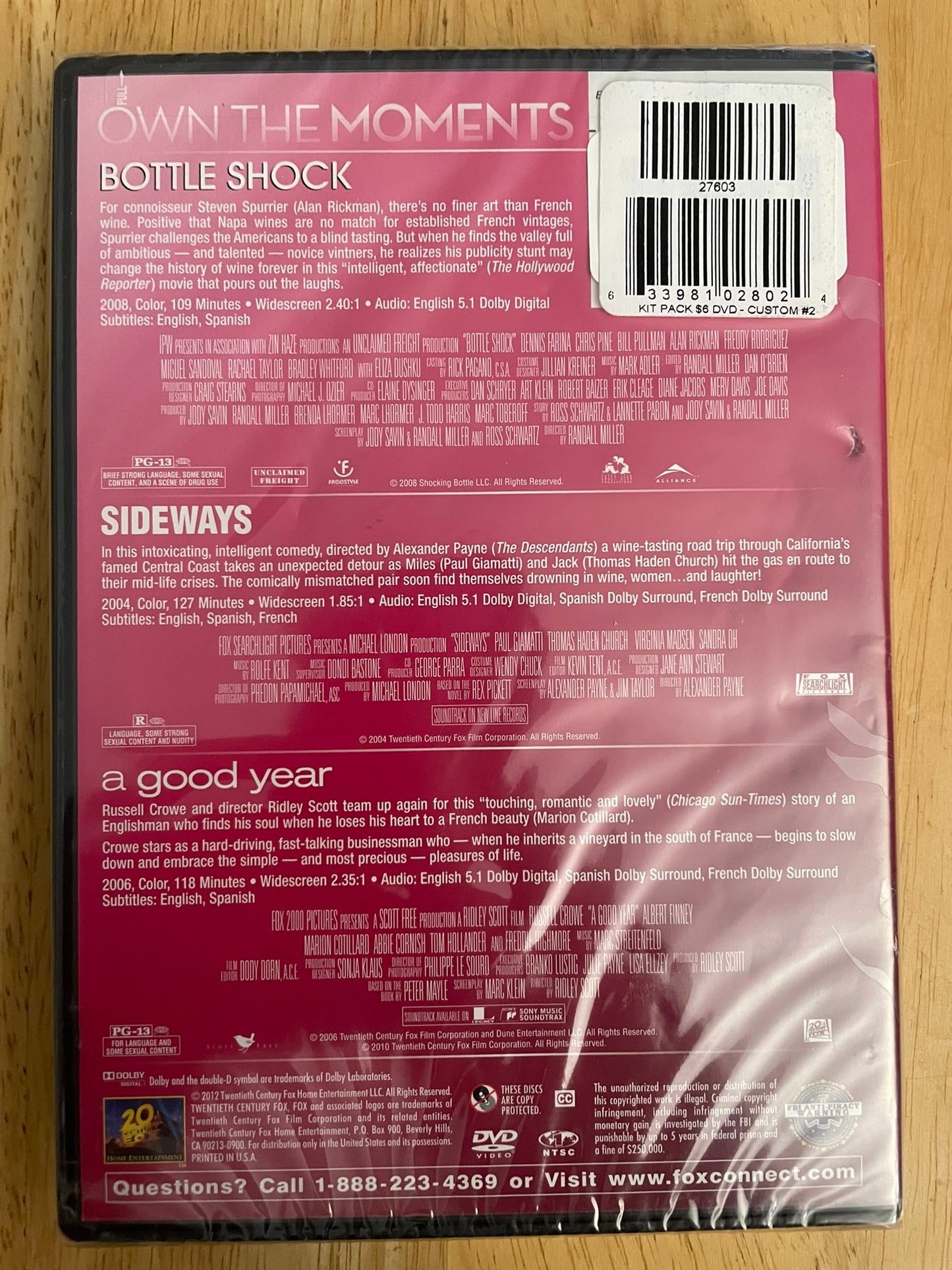 Own The Moments Bottle Shock, Sideways, A Good Year Brand New Sealed DVD
