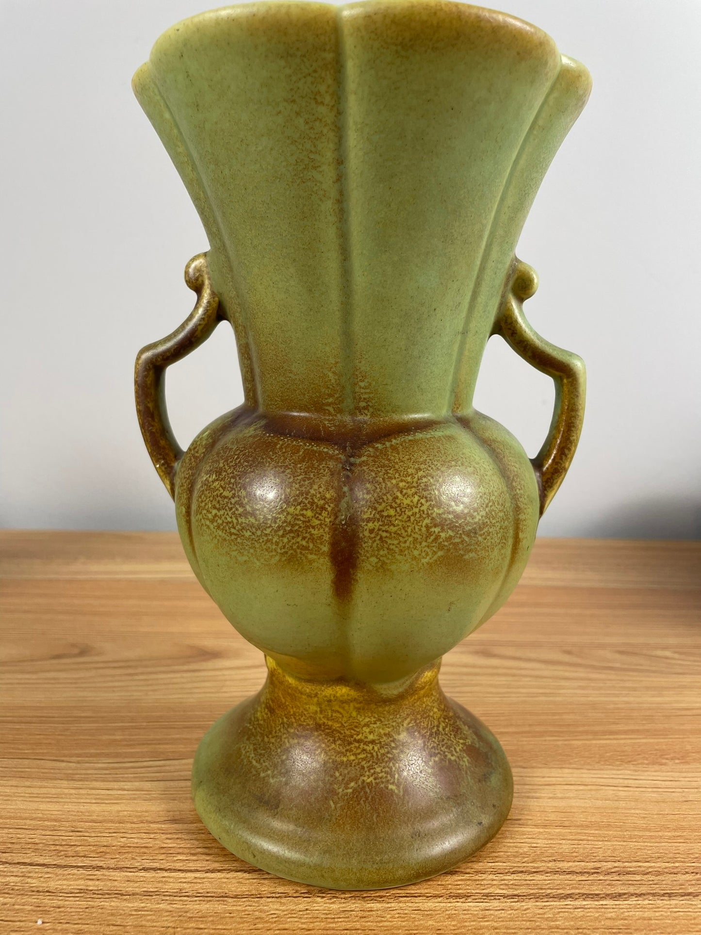 Rumrill 9" Art Deco Red Wing Fluted Double Handled Vase Green Mottled Glaze