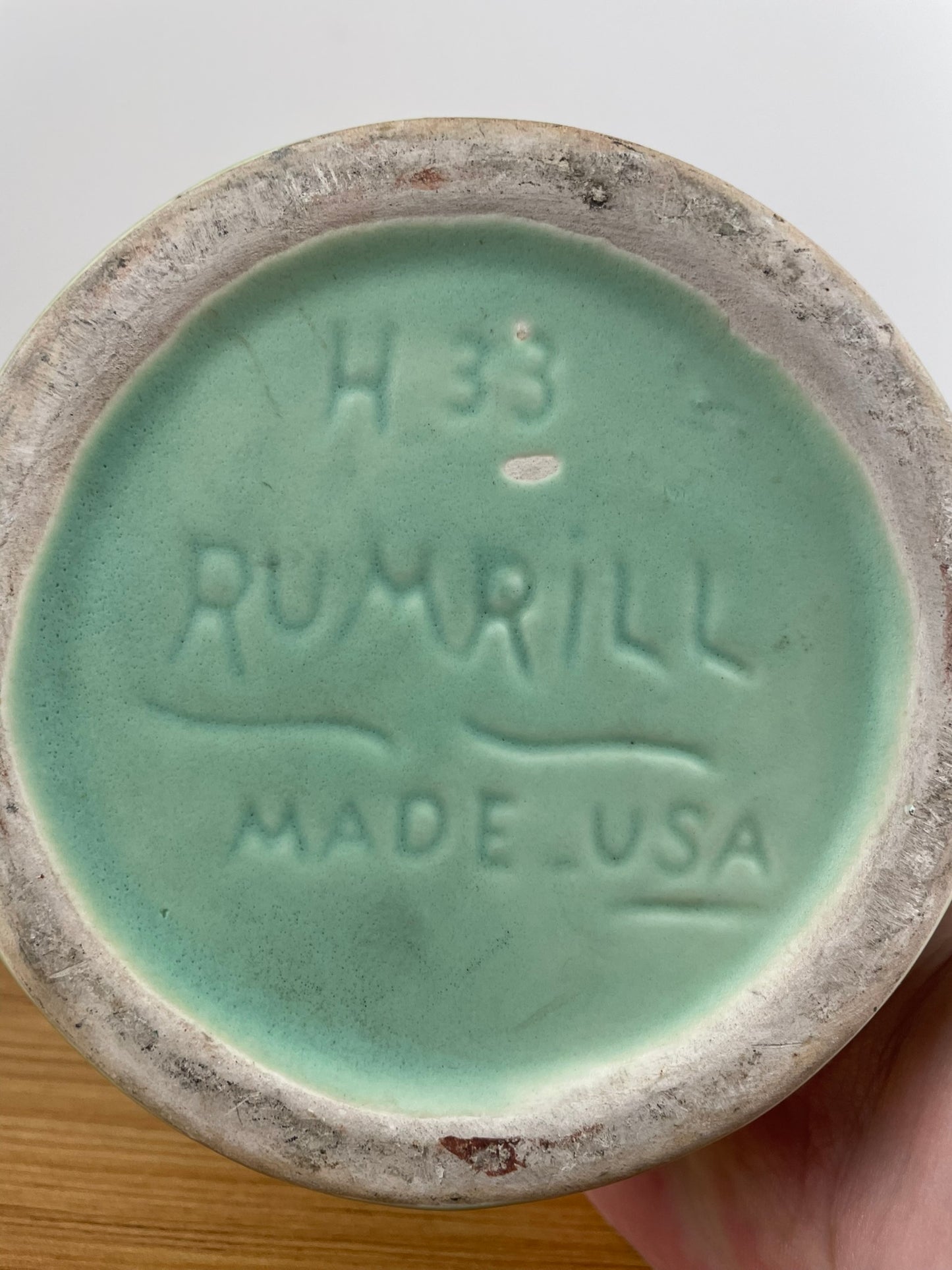 Rumrill 9" Art Deco Red Wing Fluted Double Handled Vase Green Mottled Glaze