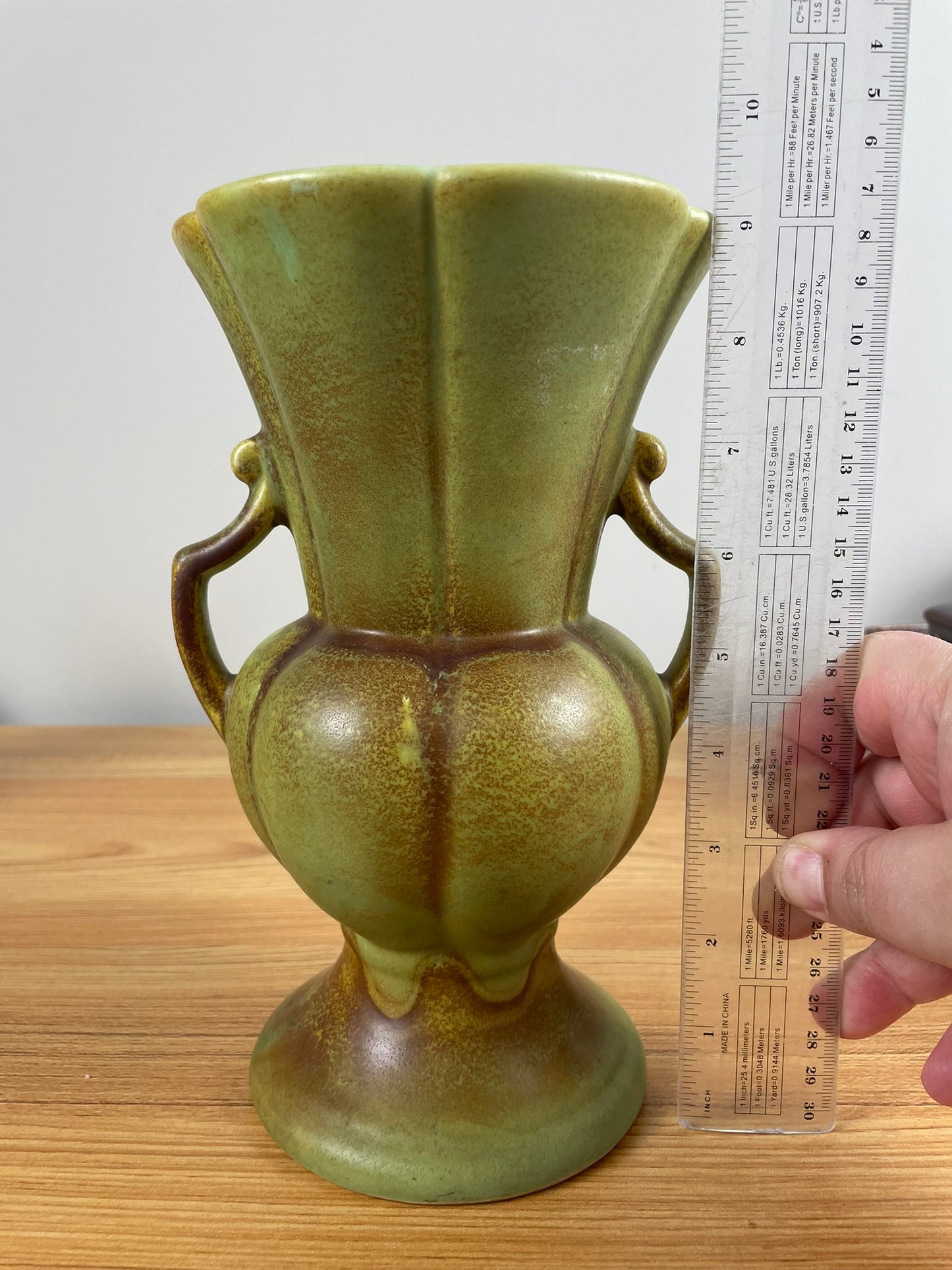 Rumrill 9" Art Deco Red Wing Fluted Double Handled Vase Green Mottled Glaze