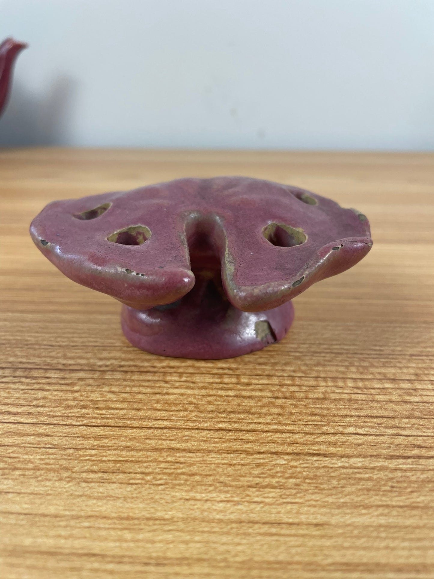 Vintage Fulper Water Lily Pad Leaf Pink Red Flower Frog Art Pottery 6 holes
