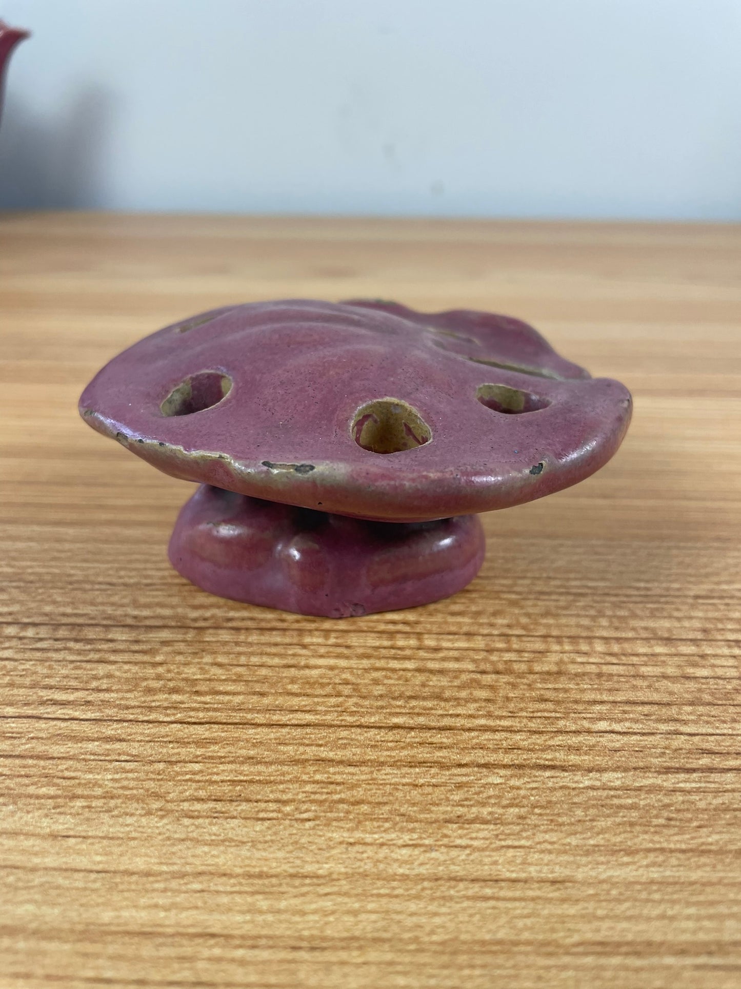 Vintage Fulper Water Lily Pad Leaf Pink Red Flower Frog Art Pottery 6 holes