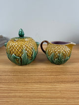 Adams & Bromley English 1800s Art Pottery Yellow Majolica Pineapple Creamer Sugar Bowl