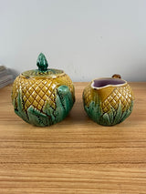 Adams & Bromley English 1800s Art Pottery Yellow Majolica Pineapple Creamer Sugar Bowl