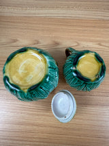 Adams & Bromley English 1800s Art Pottery Yellow Majolica Pineapple Creamer Sugar Bowl