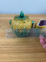 Adams & Bromley English 1800s Art Pottery Yellow Majolica Pineapple Creamer Sugar Bowl