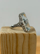Aquamarine 14K White Gold Art Deco Pierced Setting Size 8 Ring