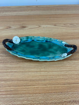 Donkey Flight Clay Creations Green Art Pottery Floral Handled Tray