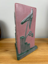 WELLER TUTONE 9" TRIANGLE ART DECO VASE W/ARROWHEAD LEAVES/BLOSSOMS