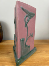 WELLER TUTONE 9" TRIANGLE ART DECO VASE W/ARROWHEAD LEAVES/BLOSSOMS