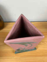 WELLER TUTONE 9" TRIANGLE ART DECO VASE W/ARROWHEAD LEAVES/BLOSSOMS