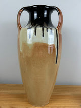 Muncie Art Pottery Orange Black Peachskin Triple Handled Large 18" Floor Vase