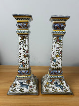Filcer Portugal Hand Painted Large Column 10.5" Candle Holders Floral Decorated