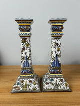 Filcer Portugal Hand Painted Large Column 10.5" Candle Holders Floral Decorated