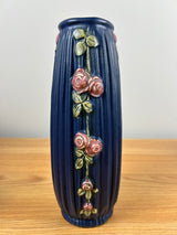 Weller Art Pottery Blue Drapery Vase Pink Roses 8" Tall Circa 1915