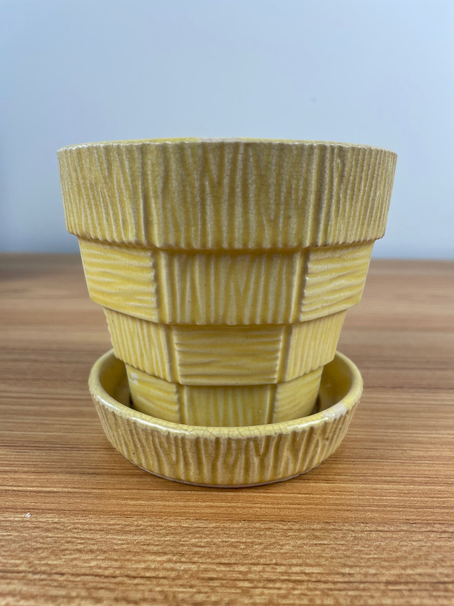 Vintage McCoy Mid Century Modern Art Pottery Yellow Basket Weave Flower Pot