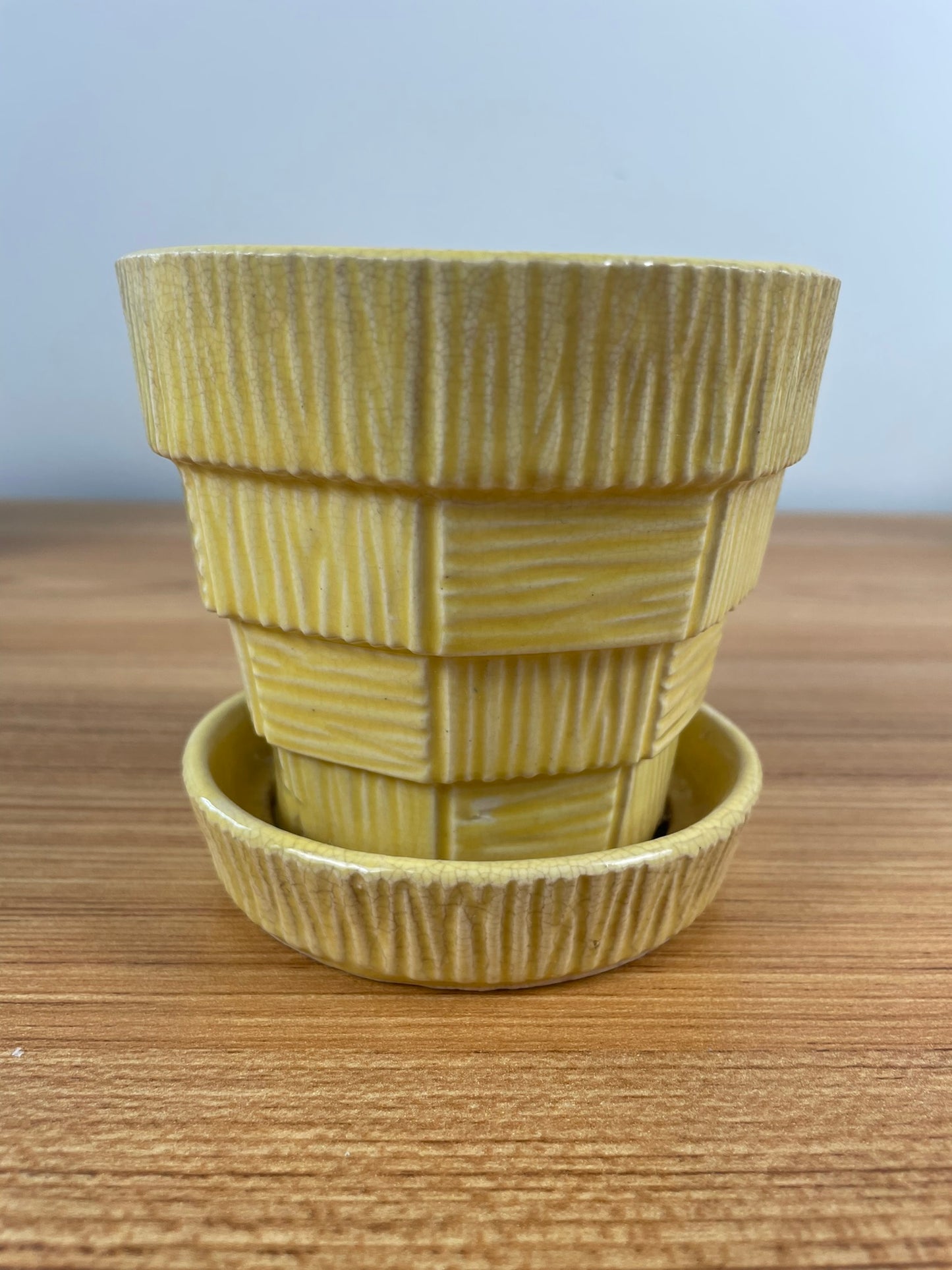 Vintage McCoy Mid Century Modern Art Pottery Yellow Basket Weave Flower Pot