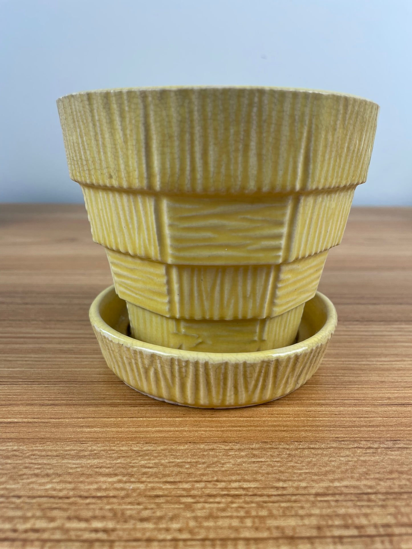 Vintage McCoy Mid Century Modern Art Pottery Yellow Basket Weave Flower Pot