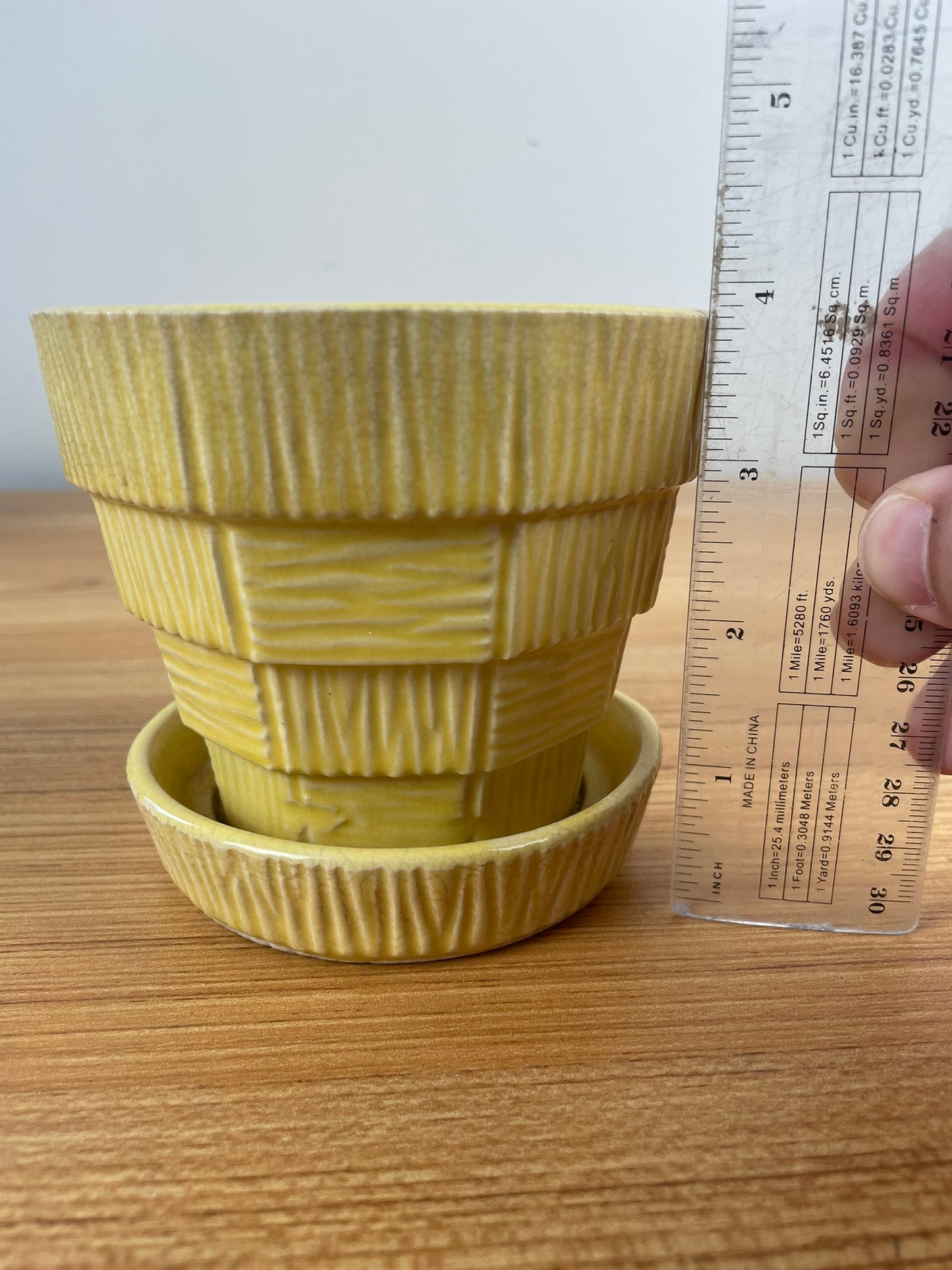 Vintage McCoy Mid Century Modern Art Pottery Yellow Basket Weave Flower Pot
