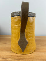 SEG Style Early 1900s Student Pottery Creation Yellow Brown Glazed Handled Pitcher