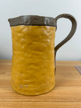 SEG Style Early 1900s Student Pottery Creation Yellow Brown Glazed Handled Pitcher