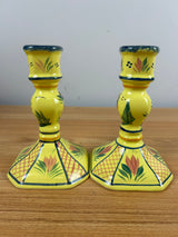 Henriot Quimper French Art Pottery Soleil Yellow Floral Candlestick Pair