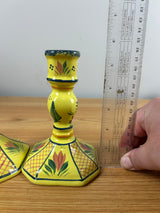 Henriot Quimper French Art Pottery Soleil Yellow Floral Candlestick Pair