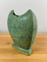WELLER ART POTTERY FROSTED GREEN GLAZE ON ART DECO THREE SIDED TUTONE VASE