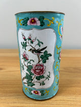 Chinese Qing Dynasty Copper & Enamel Famille Rose Panel Decorated Brush Holder
