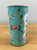 Chinese Qing Dynasty Copper & Enamel Famille Rose Panel Decorated Brush Holder