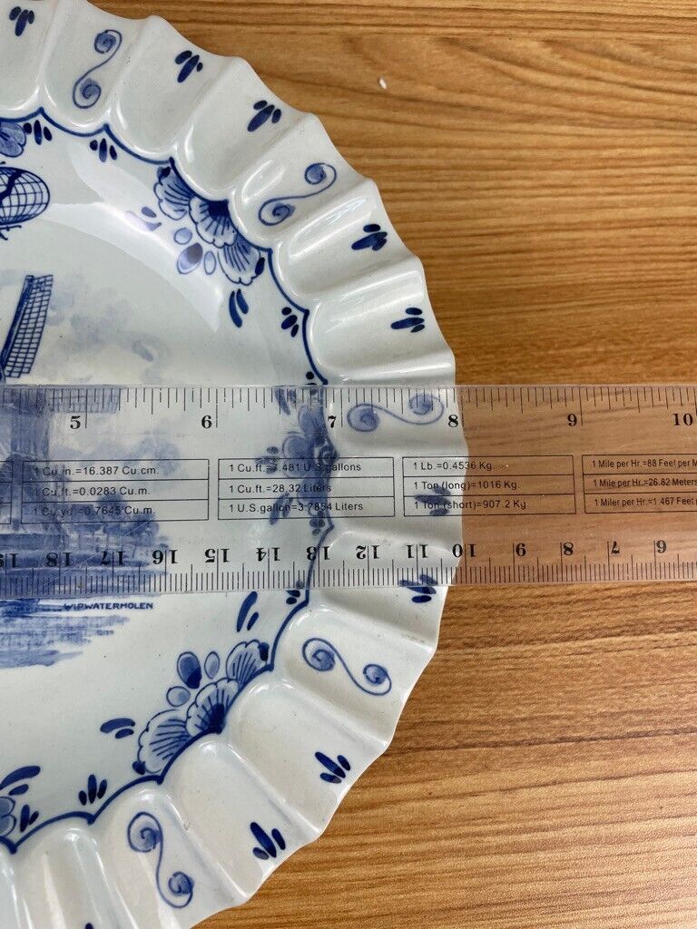 Hand Painted Delft Holland Pottery Ruffled Rim Bowl/Ashtray, Blue And White Rare