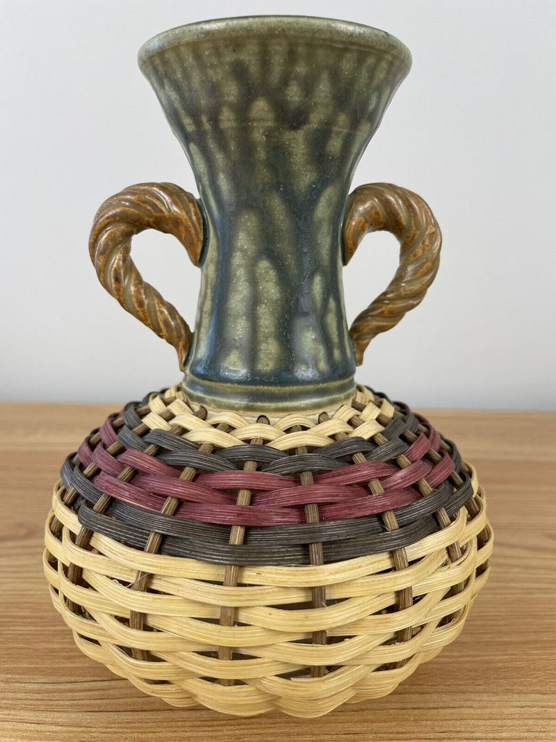 Stephen Kostyshyn Basket Vase Art Pottery & Hand Woven Green Ceramic Signed 7"