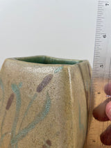 Antique Studio Art Pottery / Student Hand Decorated Cattail Square Vase Signed