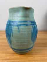 Signed JT Abernathy Art Pottery Blue Glaze 7” Tall Water Pitcher Abstract Design