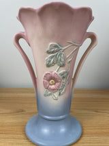 VTG HULL USA ART POTTERY VASE w HANDLES 503-8 1/2  PINK TO BLUE FADE DOGWOOD