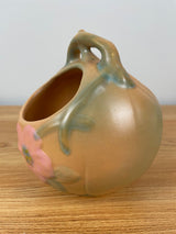 Weller Wild Rose Art Pottery Vintage 1930s Ceramic Peach Handle Basket 6" Tall