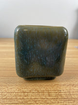 DRYDEN POTTERY, KANSAS ERA, MCM GREEN CUBE VASE #16, 5 H., 4 3/4" W. ART POTTERY