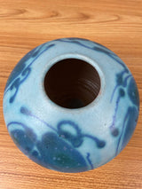 JT Abernathy art pottery Blue Round Cabinet Vase signed, Ann Arbor, 5" Tall