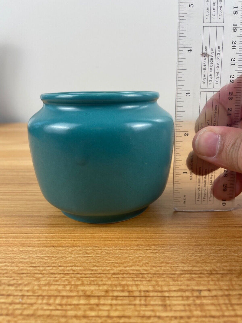 Vintage Cowan Lakeware Teal Bulbous Art Pottery Vase  1940's Stamped 3" Tall