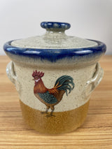 Monroe Salt Works Stoneware Pottery Small Crock With Lid Rooster On Front 4"