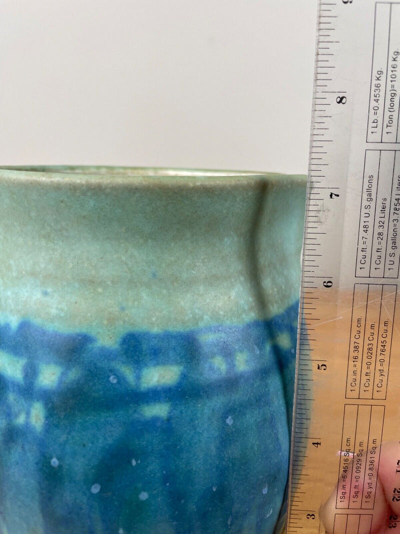 Signed JT Abernathy Art Pottery Blue Glaze 7” Tall Water Pitcher Abstract Design