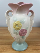 VINTAGE HULL #121 MATTE TEAL, CREAM & PINK OPEN ROSE DOUBLE HANDLED VASE-6 1/4”