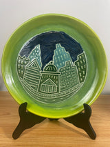 Doug Spalding Studio Art Pottery MI Green Downtown Scene Plate 10" Across