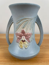 Hull Art Pottery 6.5” Tall Orchid Double Handles Vase, 304-6 Blue Vintage