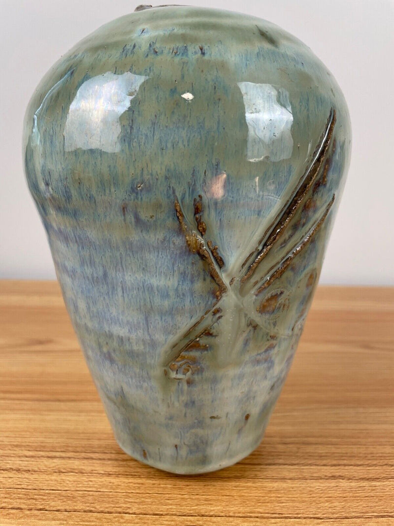 Art Pottery Vase Beautiful Blue Green Glaze Inscribed Signed Sandy Lentz 8” Tall